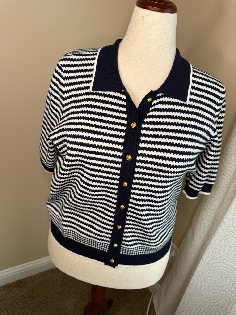 Adrianna Papell Navy and White Striped Knit Polo Button-Front Top